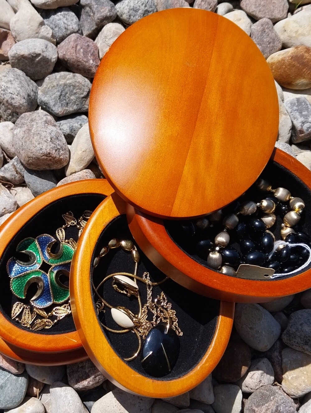 Vintage Trifari Orange and Black Round Wooden Jewelry Box Set